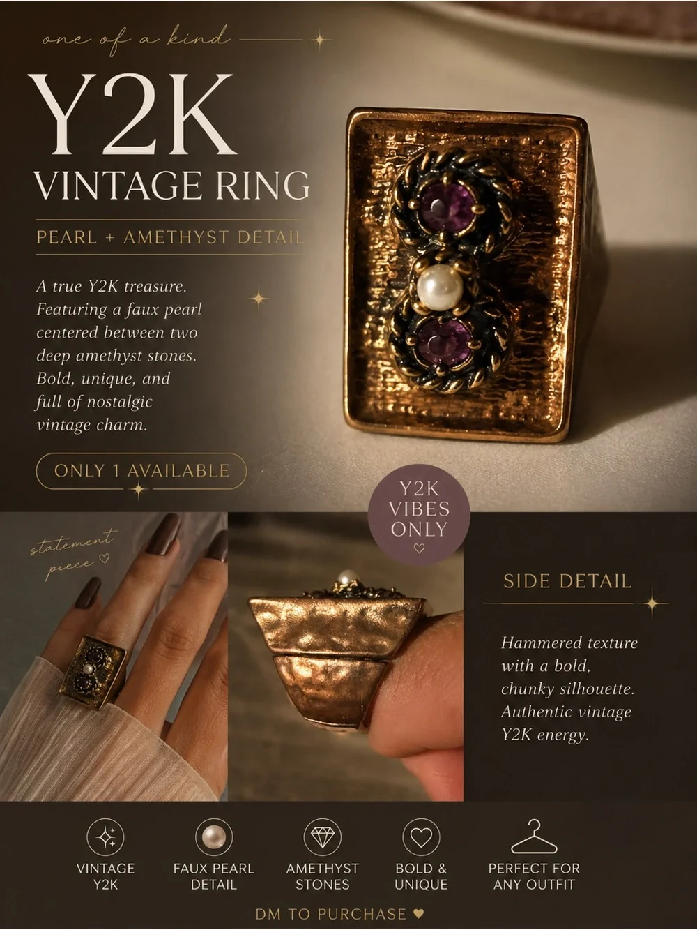Vintage Gold Ring with Purple Amethyst and Pearl Accent